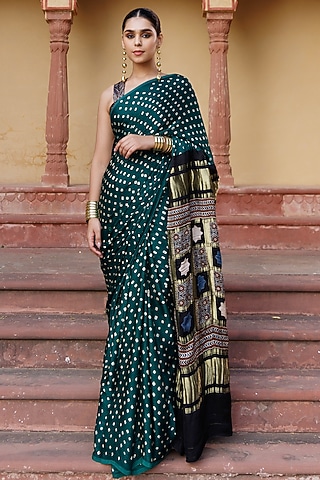 Green & Black Modal Silk Ajrakh Hand Block Printed Bandhani Saree Set by Geroo Jaipur