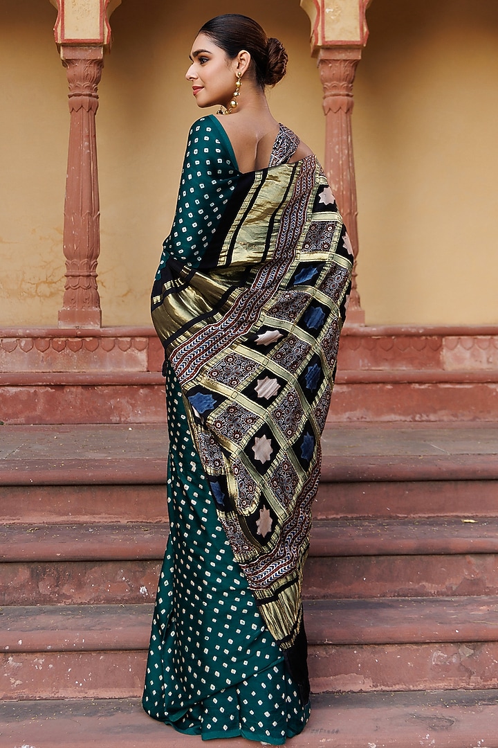 Green & Black Modal Silk Ajrakh Hand Block Printed Bandhani Party Wear Saree Set by Geroo Jaipur at Pernia's Pop Up Shop