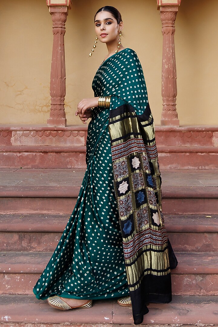 Green & Black Modal Silk Ajrakh Hand Block Printed Bandhani Party Wear Saree Set by Geroo Jaipur at Pernia's Pop Up Shop
