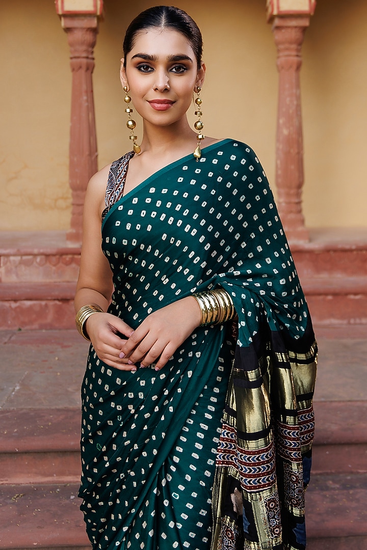 Green & Black Modal Silk Ajrakh Hand Block Printed Bandhani Party Wear Saree Set by Geroo Jaipur at Pernia's Pop Up Shop