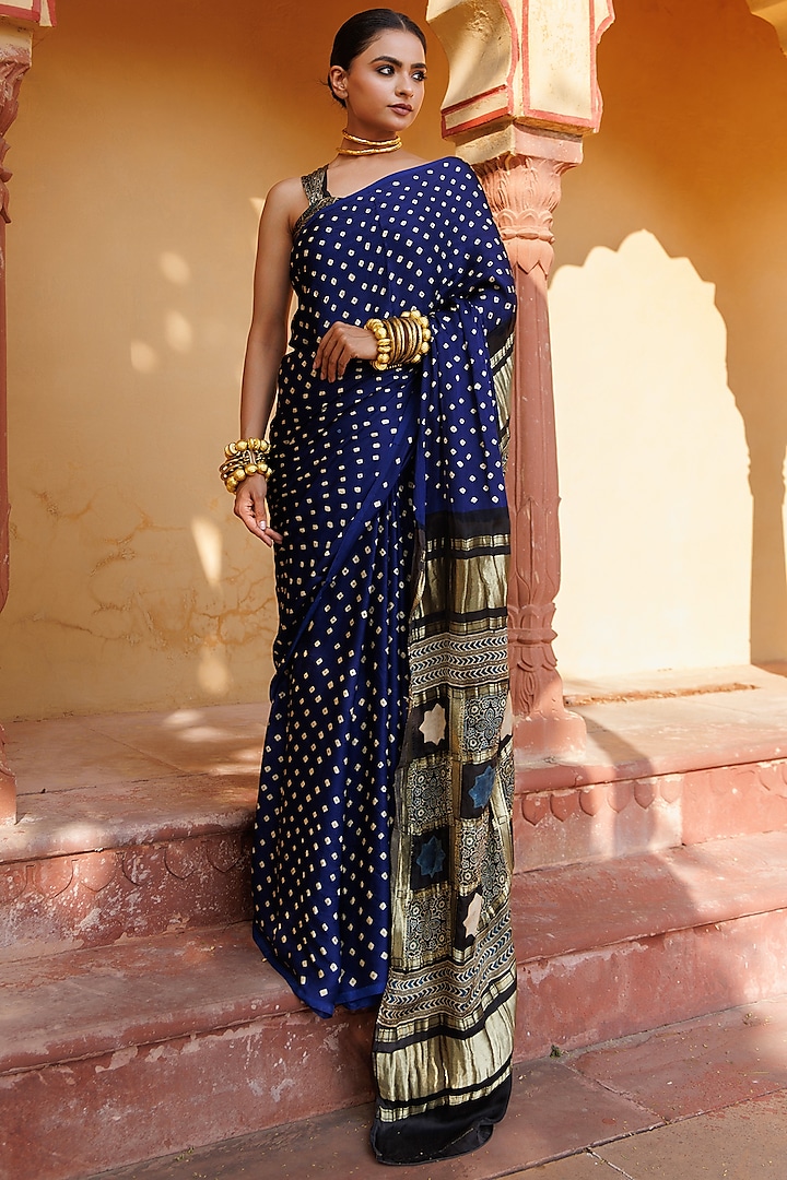 Blue & Black Modal Silk Ajrakh Hand Block Printed Bandhani Saree Set by Geroo Jaipur