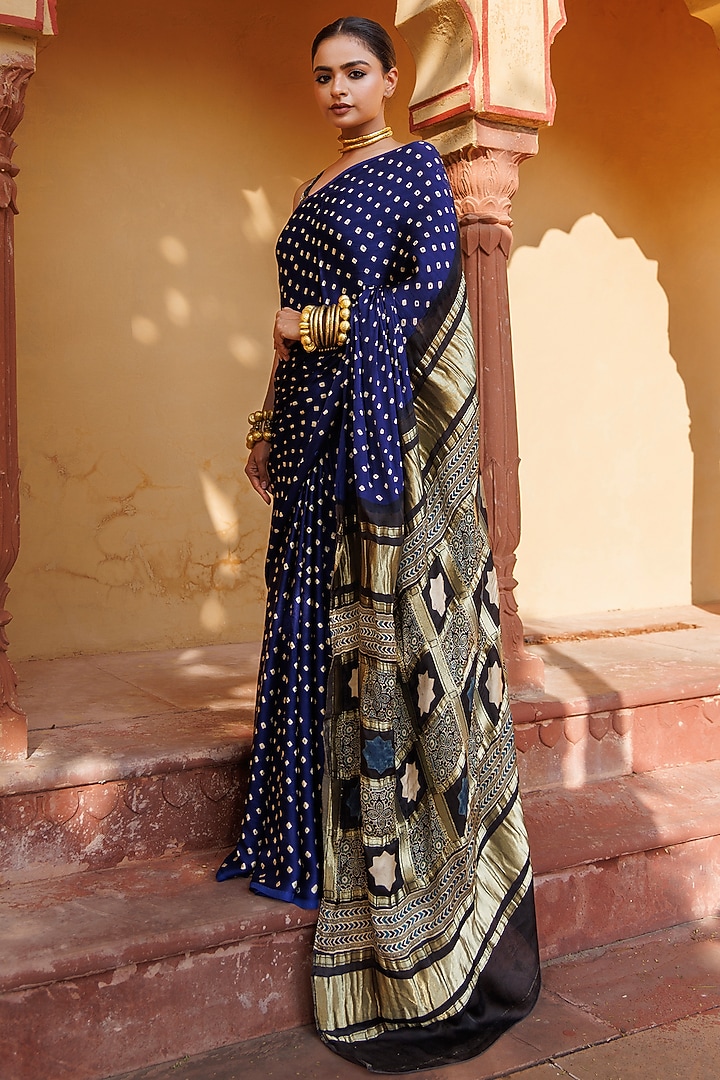 Blue & Black Modal Silk Ajrakh Hand Block Printed Bandhani Party Wear Saree Set by Geroo Jaipur at Pernia's Pop Up Shop