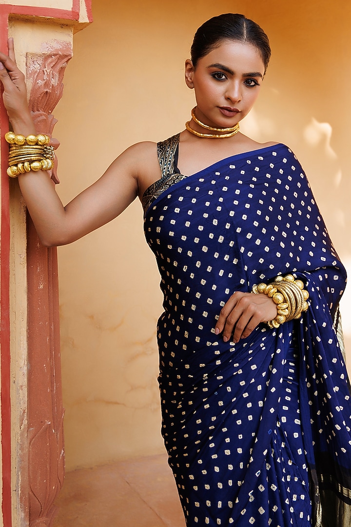 Blue & Black Modal Silk Ajrakh Hand Block Printed Bandhani Party Wear Saree Set by Geroo Jaipur at Pernia's Pop Up Shop