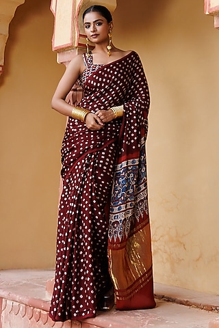 Wine & Red Modal Silk Hand Block Printed Bandhani Zari Saree Set by Geroo Jaipur