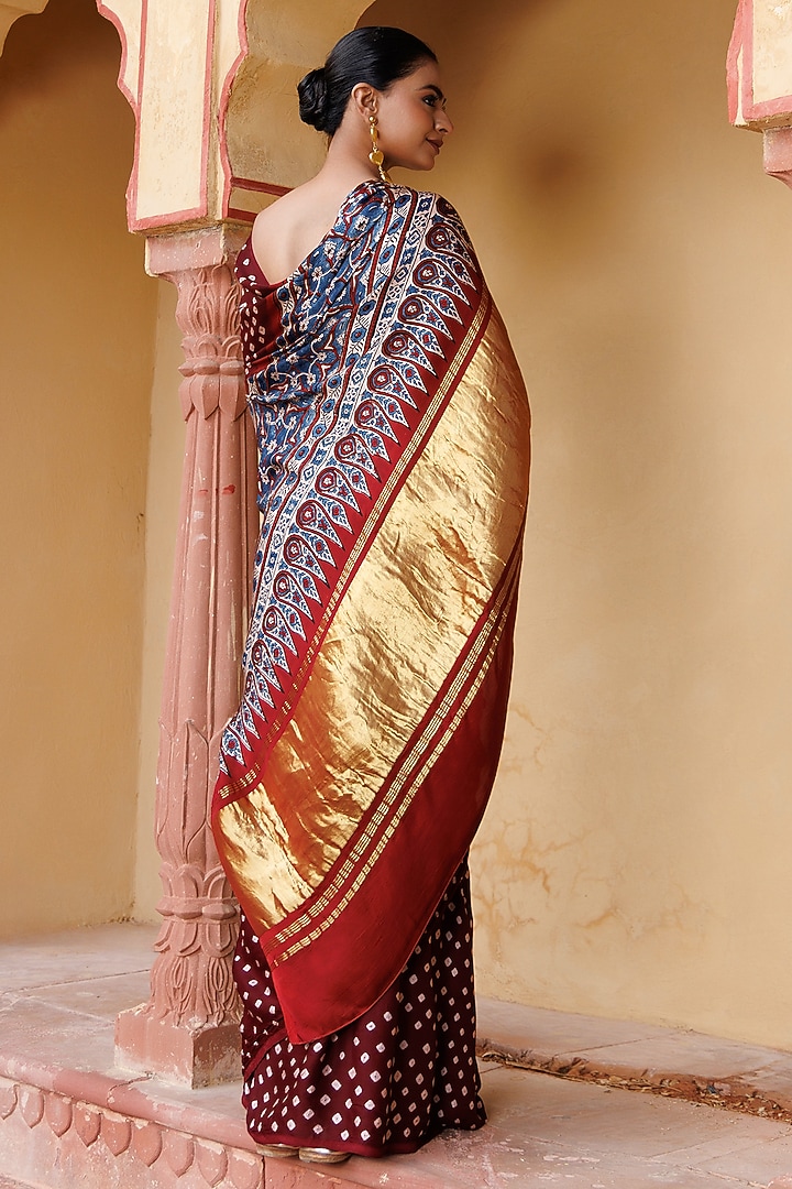 Wine & Red Modal Silk Hand Block Printed Bandhani Zari Party Wear Saree Set by Geroo Jaipur at Pernia's Pop Up Shop