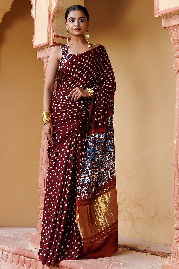 Wine & Red Modal Silk Hand Block Printed Bandhani Zari Party Wear Saree Set by Geroo Jaipur at Pernia's Pop Up Shop