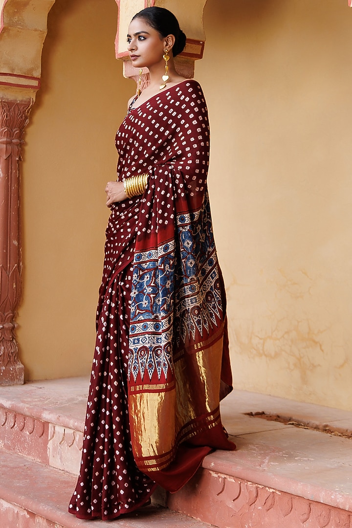 Wine & Red Modal Silk Hand Block Printed Bandhani Zari Party Wear Saree Set by Geroo Jaipur at Pernia's Pop Up Shop