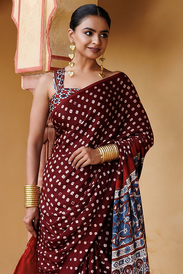 Wine & Red Modal Silk Hand Block Printed Bandhani Zari Party Wear Saree Set by Geroo Jaipur at Pernia's Pop Up Shop