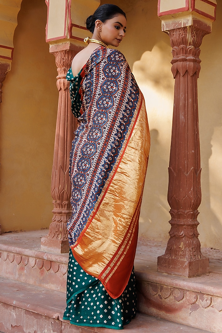 Green & Red Modal Silk Ajrakh Hand Block Printed Bandhani Zari Party Wear Saree Set by Geroo Jaipur at Pernia's Pop Up Shop