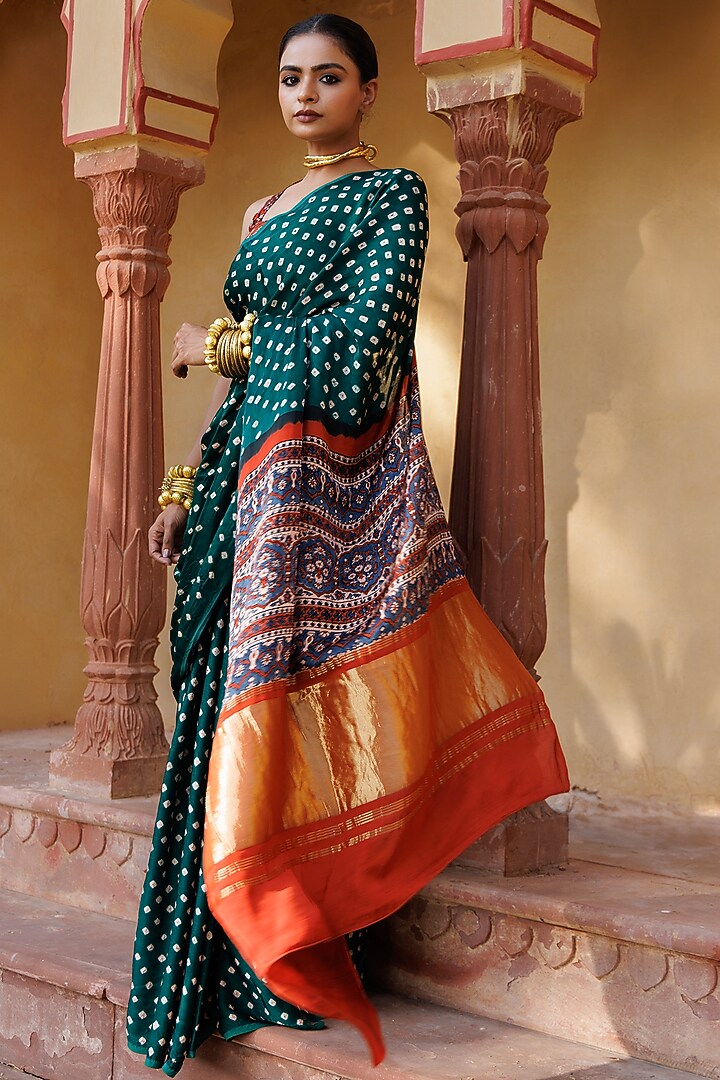 Green & Red Modal Silk Ajrakh Hand Block Printed Bandhani Zari Party Wear Saree Set by Geroo Jaipur at Pernia's Pop Up Shop