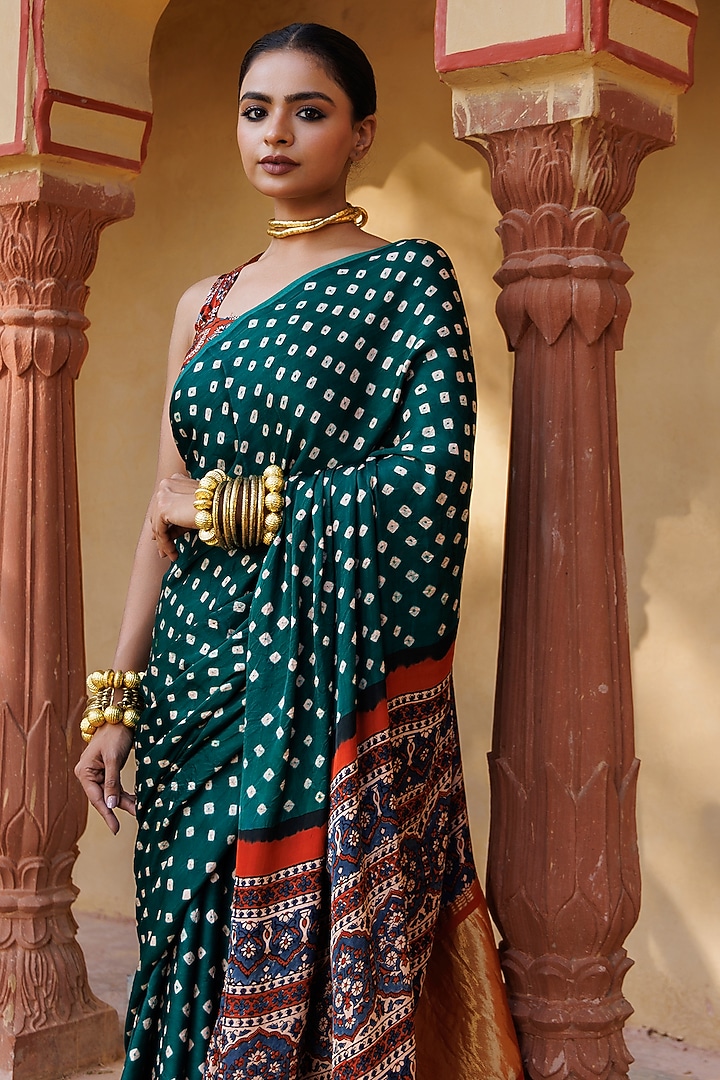 Green & Red Modal Silk Ajrakh Hand Block Printed Bandhani Zari Party Wear Saree Set by Geroo Jaipur at Pernia's Pop Up Shop