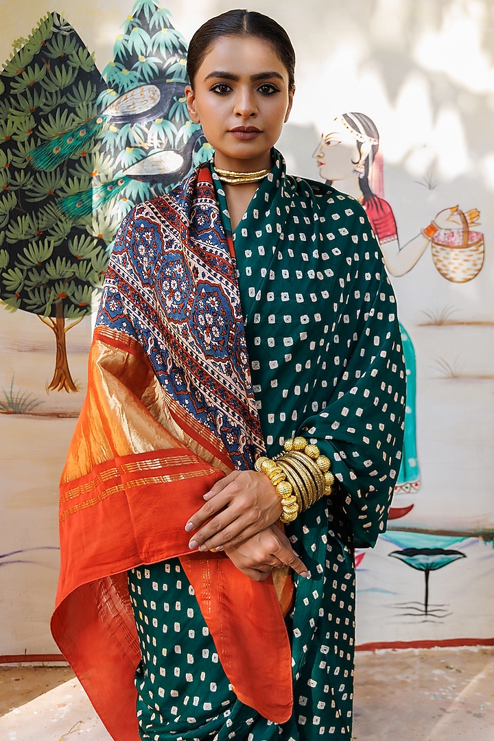 Green & Red Modal Silk Ajrakh Hand Block Printed Bandhani Zari Party Wear Saree Set by Geroo Jaipur at Pernia's Pop Up Shop