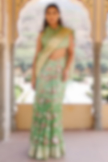 Green Pure Kota Silk Zari Embellished Handwoven Party Wear Saree Set by Geroo Jaipur at Pernia's Pop Up Shop
