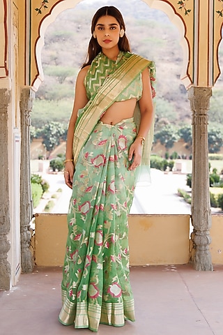 Green Pure Kota Silk Zari Embellished Handwoven Saree Set by Geroo Jaipur