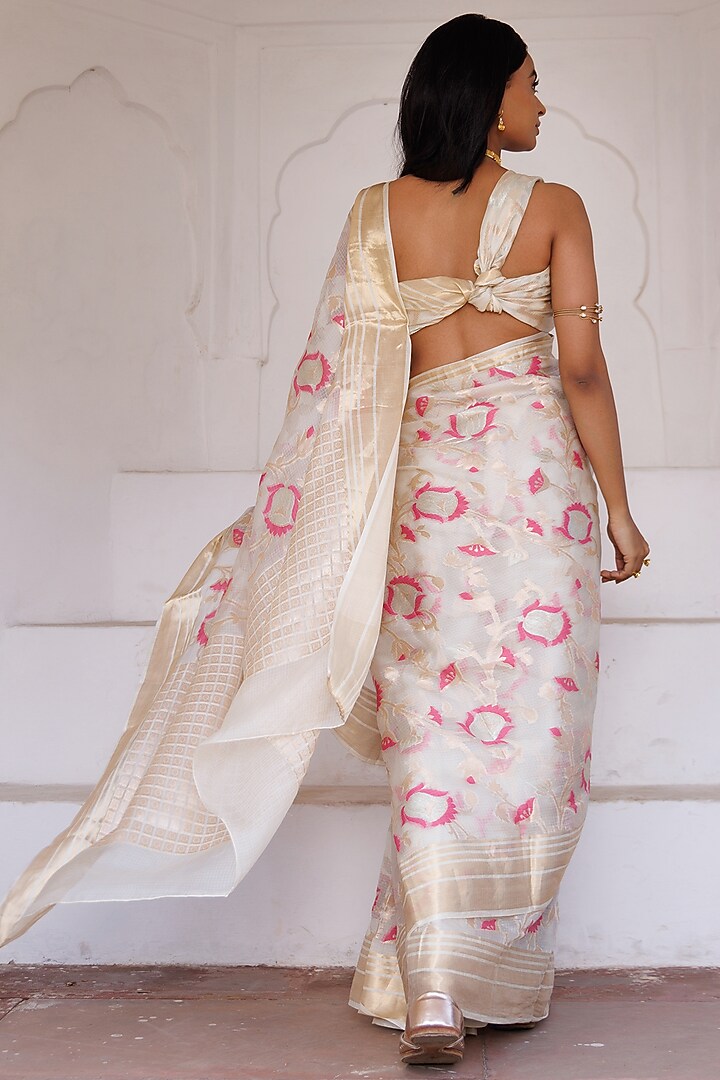 Off-White Pure Kota Silk Zari Embellished Handwoven Party Wear Saree Set by Geroo Jaipur at Pernia's Pop Up Shop