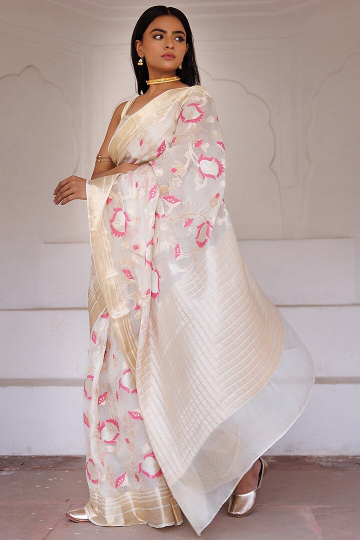 Off-White Pure Kota Silk Zari Embellished Handwoven Party Wear Saree Set by Geroo Jaipur at Pernia's Pop Up Shop