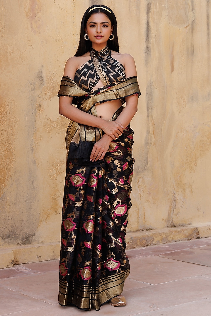 Black Pure Kota Silk Zari Embellished Handwoven Saree Set by Geroo Jaipur at Pernia's Pop Up Shop