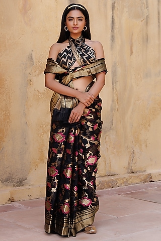 Black Pure Kota Silk Zari Embellished Handwoven Saree Set by Geroo Jaipur