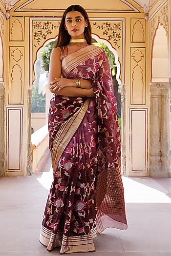 Wine Pure Kota Silk Zari Embellished Handwoven Party Wear Saree Set by Geroo Jaipur at Pernia's Pop Up Shop