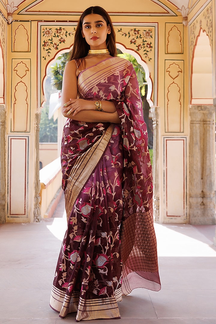 Wine Pure Kota Silk Zari Embellished Handwoven Saree Set by Geroo Jaipur