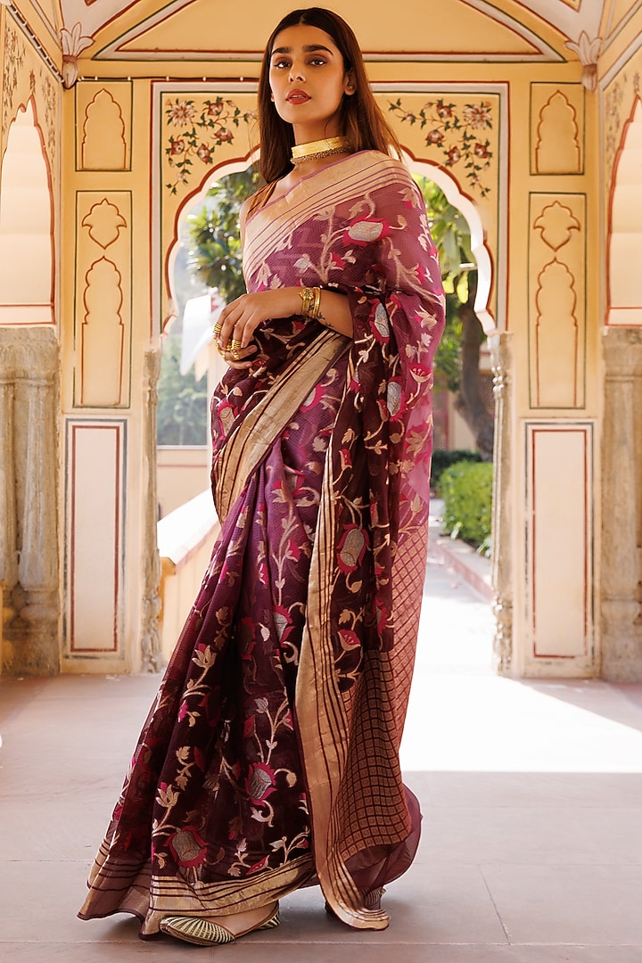 Wine Pure Kota Silk Zari Embellished Handwoven Party Wear Saree Set by Geroo Jaipur at Pernia's Pop Up Shop