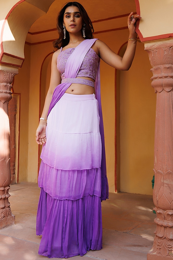 Purple Chiffon Ready-To-Wear Layered Saree Set by Geroo Jaipur