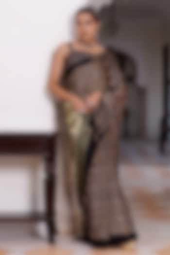 Black Modal Silk Ajrakh Printed Wedding Saree Set by Geroo Jaipur at Pernia's Pop Up Shop