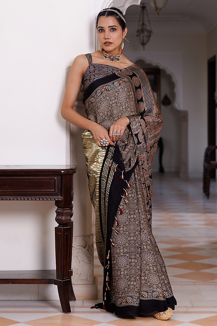 Black Modal Silk Ajrakh Printed Wedding Saree Set by Geroo Jaipur at Pernia's Pop Up Shop
