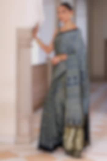Indigo Blue Modal Silk Ajrakh Printed Wedding Saree Set by Geroo Jaipur at Pernia's Pop Up Shop