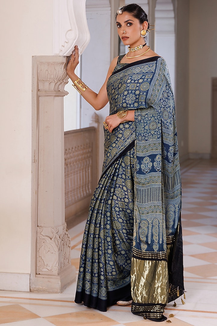 Indigo Blue Modal Silk Ajrakh Printed Wedding Saree Set by Geroo Jaipur at Pernia's Pop Up Shop