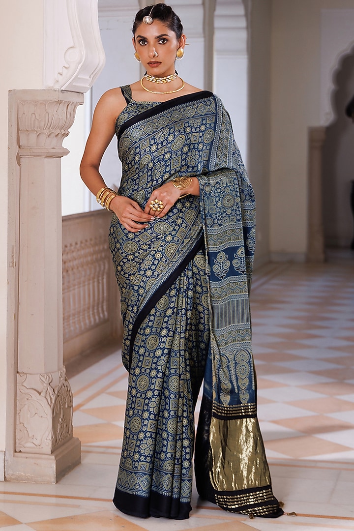 Indigo Blue Modal Silk Ajrakh Printed Wedding Saree Set by Geroo Jaipur at Pernia's Pop Up Shop