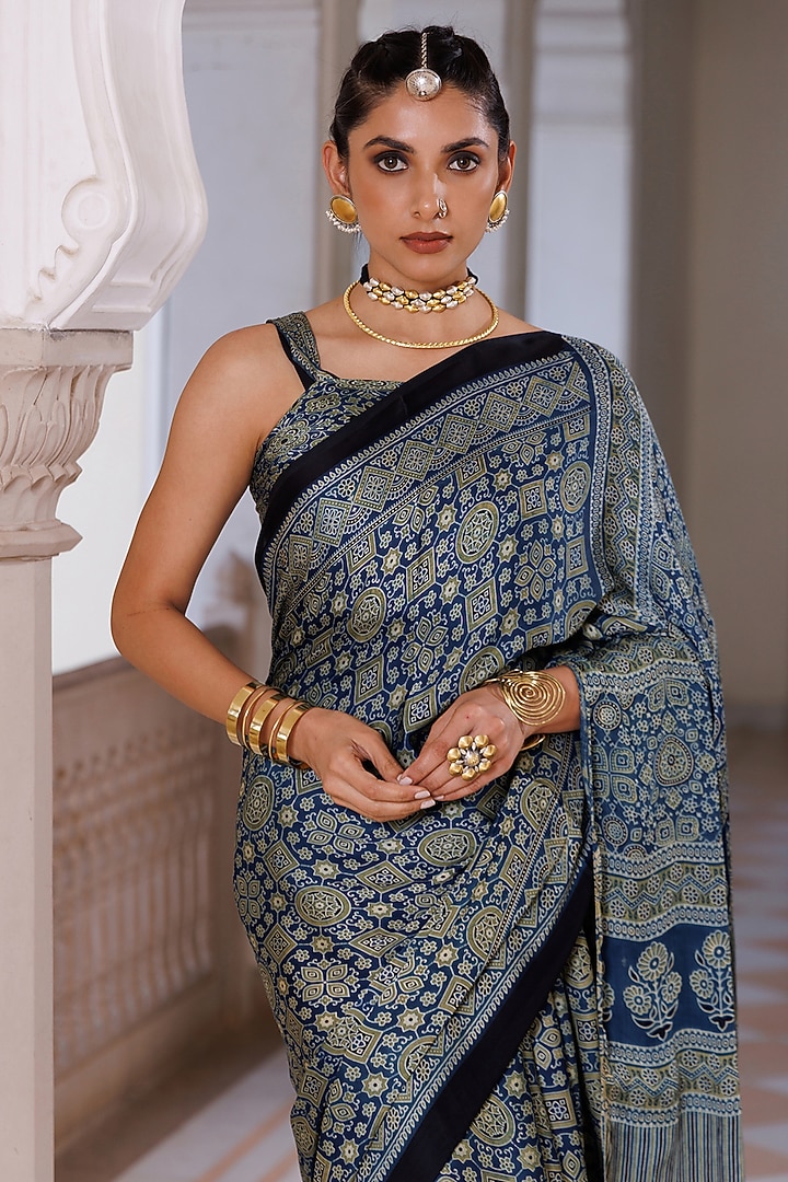 Indigo Blue Modal Silk Ajrakh Printed Wedding Saree Set by Geroo Jaipur at Pernia's Pop Up Shop