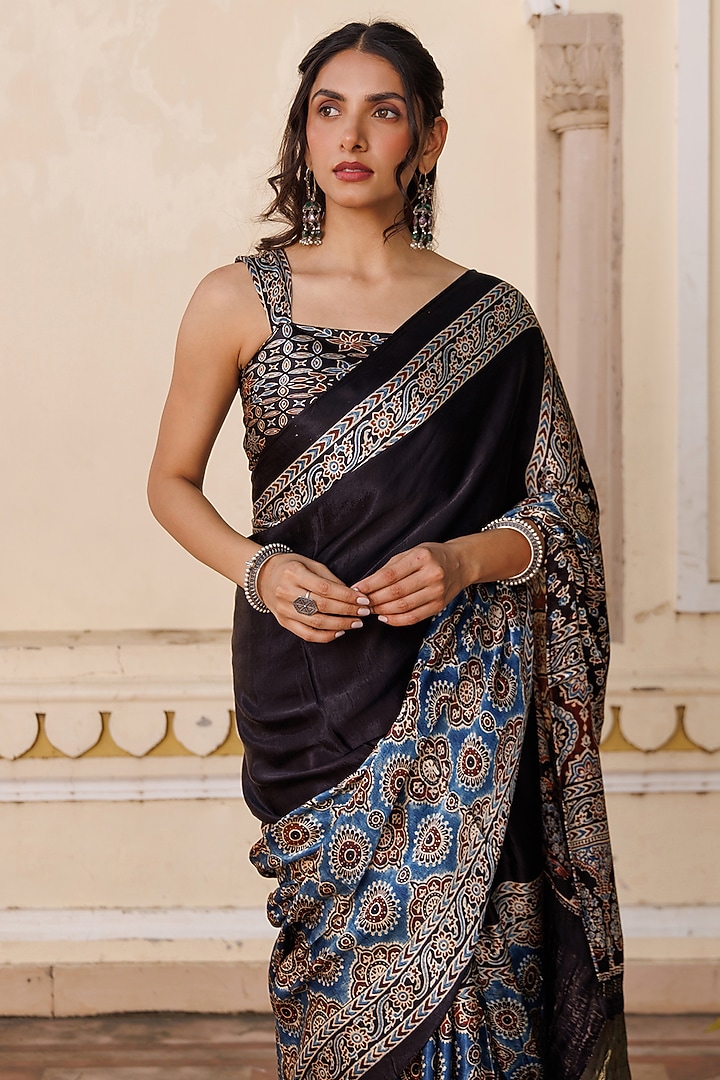 Black Modal Silk Ajrakh Printed Wedding Saree Set by Geroo Jaipur at Pernia's Pop Up Shop