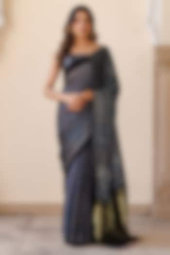 Indigo Blue Modal Silk Ajrakh Printed Wedding Saree Set by Geroo Jaipur at Pernia's Pop Up Shop