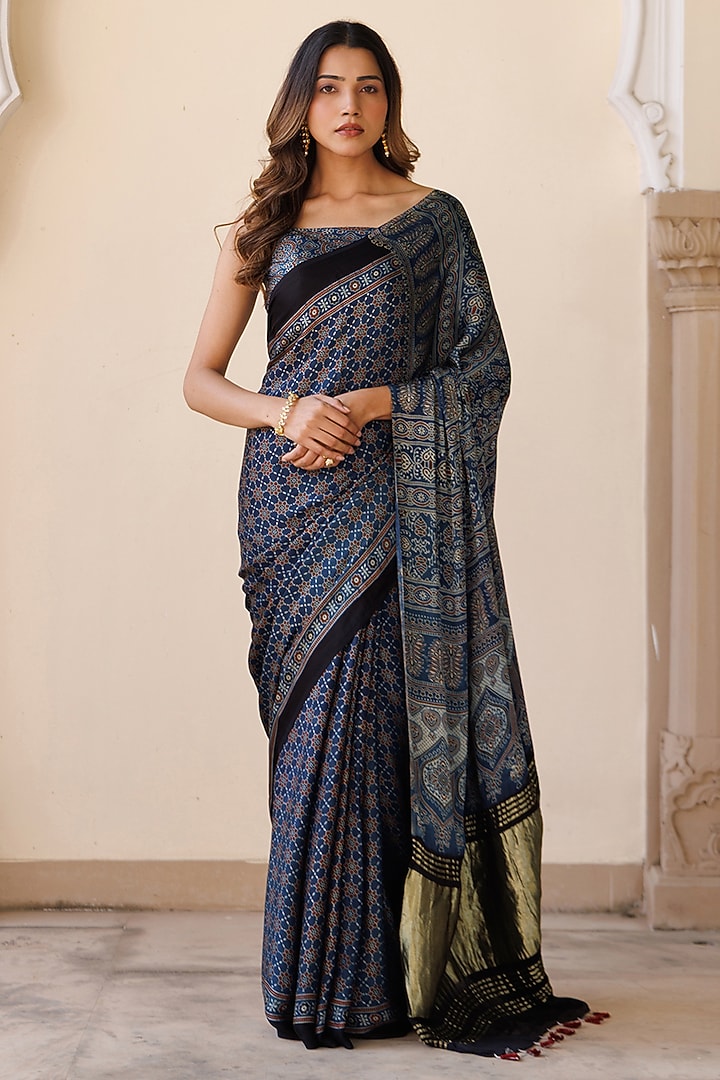 Indigo Blue Modal Silk Ajrakh Printed Wedding Saree Set by Geroo Jaipur at Pernia's Pop Up Shop