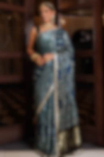 Indigo Blue Modal Silk Ajrakh Printed Wedding Saree Set by Geroo Jaipur at Pernia's Pop Up Shop