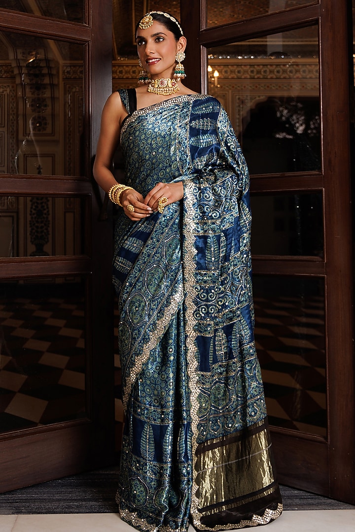 Indigo Blue Modal Silk Ajrakh Printed Wedding Saree Set by Geroo Jaipur at Pernia's Pop Up Shop