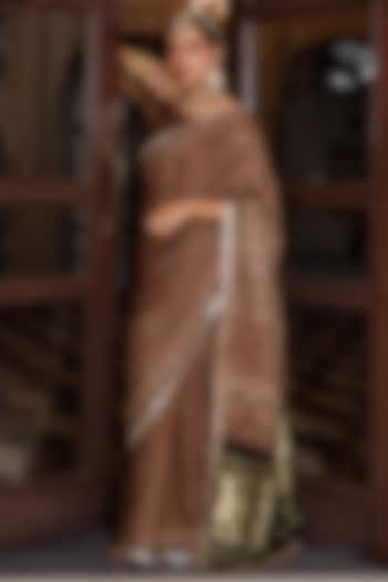Brown Modal Silk Ajrakh Printed Wedding Saree Set by Geroo Jaipur at Pernia's Pop Up Shop