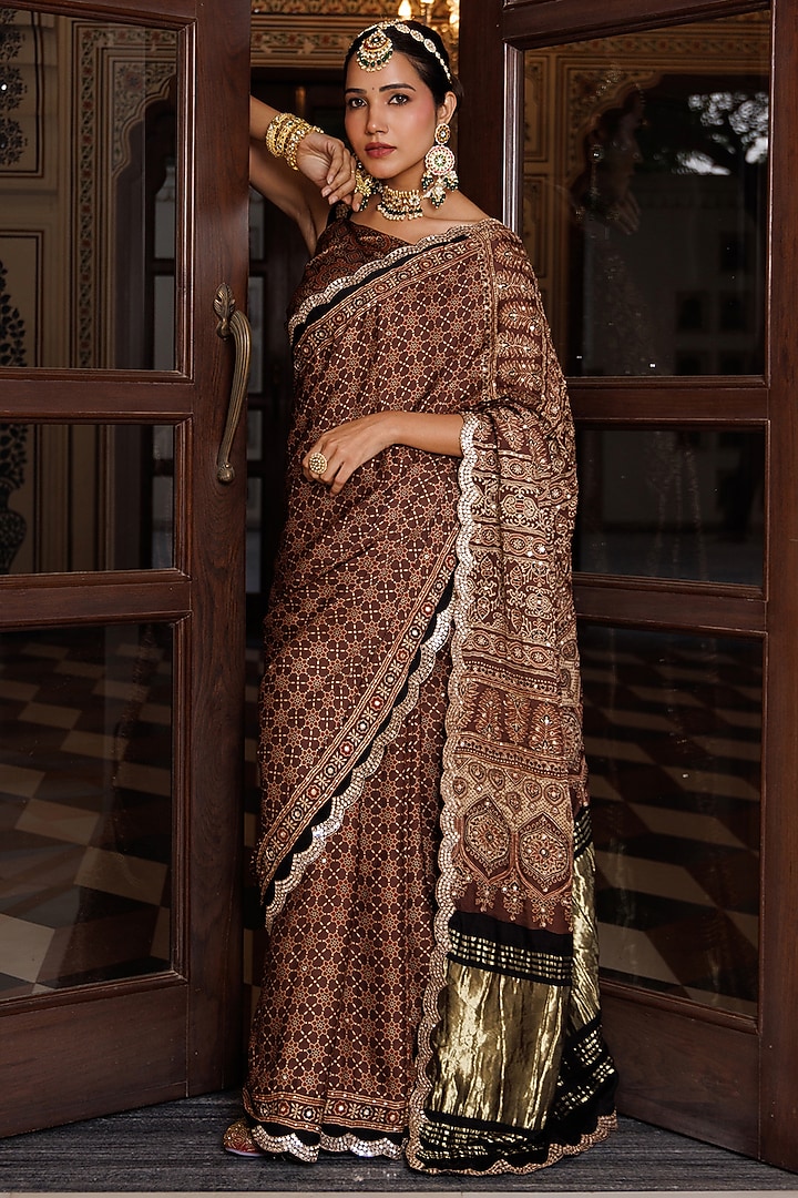 Brown Modal Silk Ajrakh Printed Wedding Saree Set by Geroo Jaipur at Pernia's Pop Up Shop