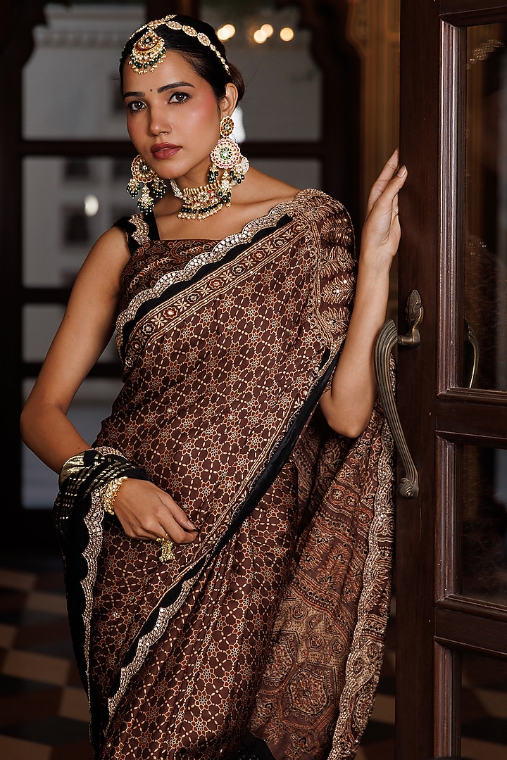 Brown Modal Silk Ajrakh Printed Wedding Saree Set by Geroo Jaipur at Pernia's Pop Up Shop