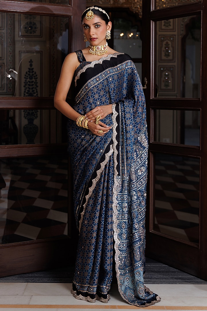 Indigo Blue Modal Silk Ajrakh Printed Wedding Saree Set by Geroo Jaipur at Pernia's Pop Up Shop