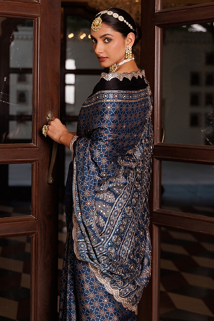 Indigo Blue Modal Silk Ajrakh Printed Wedding Saree Set by Geroo Jaipur at Pernia's Pop Up Shop