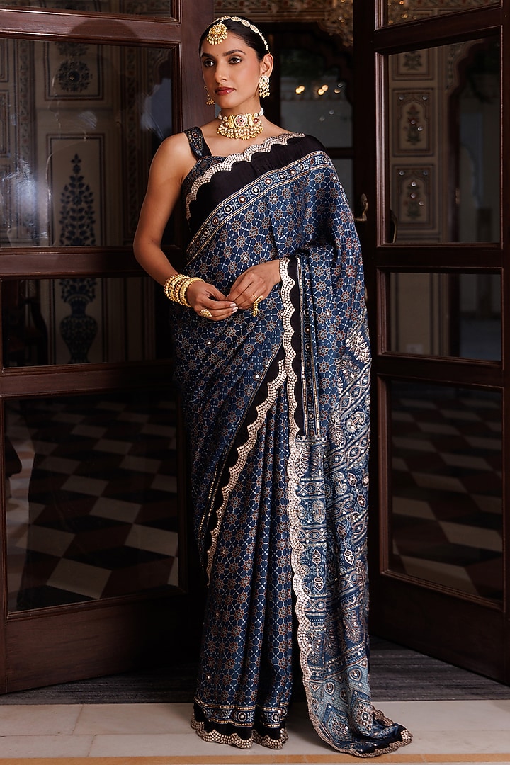 Indigo Blue Modal Silk Ajrakh Printed Wedding Saree Set by Geroo Jaipur at Pernia's Pop Up Shop