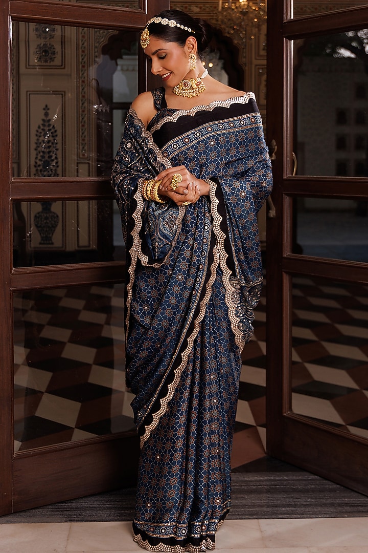 Indigo Blue Modal Silk Ajrakh Printed Wedding Saree Set by Geroo Jaipur at Pernia's Pop Up Shop