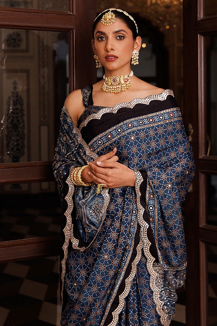 Indigo Blue Modal Silk Ajrakh Printed Wedding Saree Set by Geroo Jaipur at Pernia's Pop Up Shop