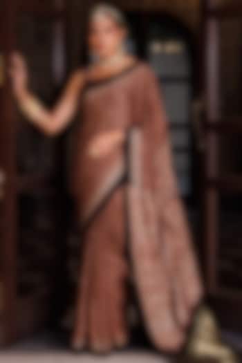 Maroon Modal Silk Ajrakh Printed Wedding Saree Set by Geroo Jaipur at Pernia's Pop Up Shop