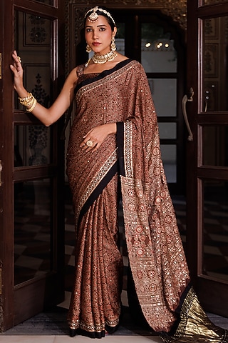 Maroon Modal Silk Ajrakh Printed Saree Set by Geroo Jaipur