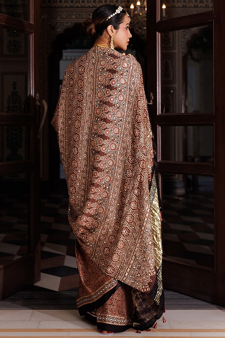 Maroon Modal Silk Ajrakh Printed Wedding Saree Set by Geroo Jaipur at Pernia's Pop Up Shop