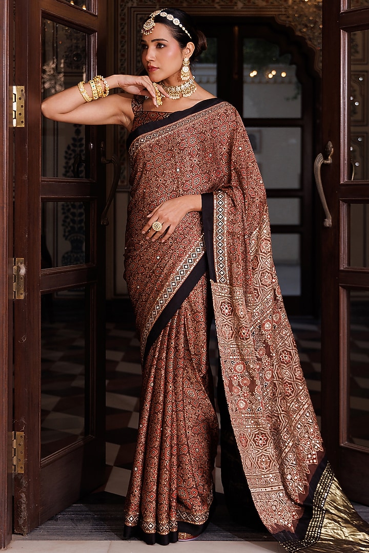 Maroon Modal Silk Ajrakh Printed Wedding Saree Set by Geroo Jaipur at Pernia's Pop Up Shop