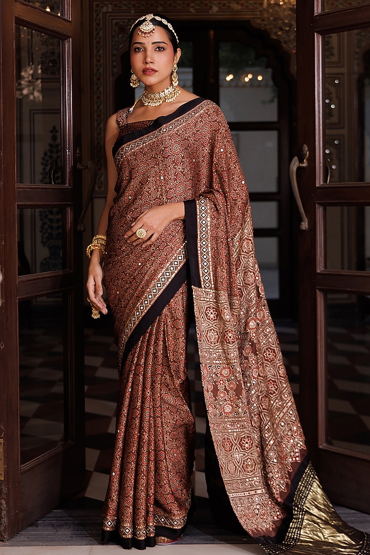 Maroon Modal Silk Ajrakh Printed Wedding Saree Set by Geroo Jaipur at Pernia's Pop Up Shop